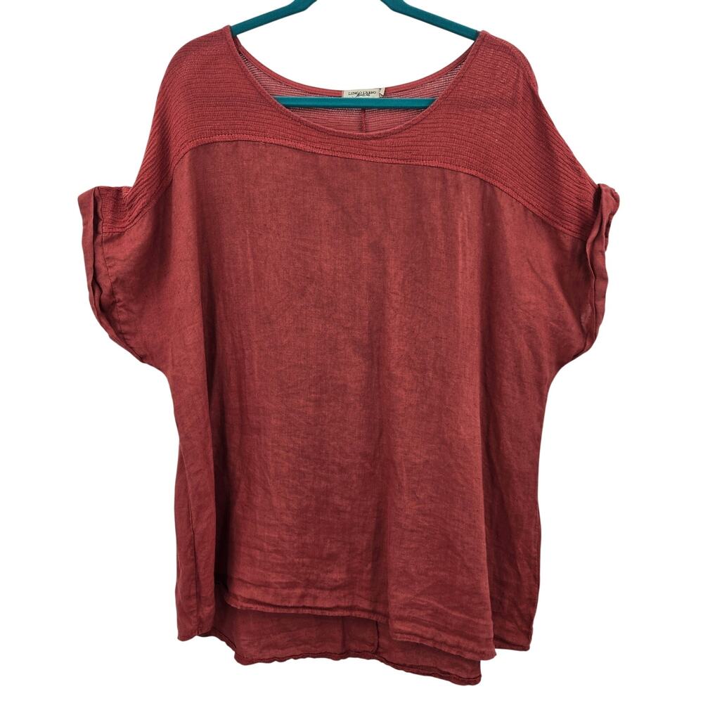 Lungo L'Arno Womens 100% Linen Top Terracotta Red Boxy Knit Trim Plus 2X